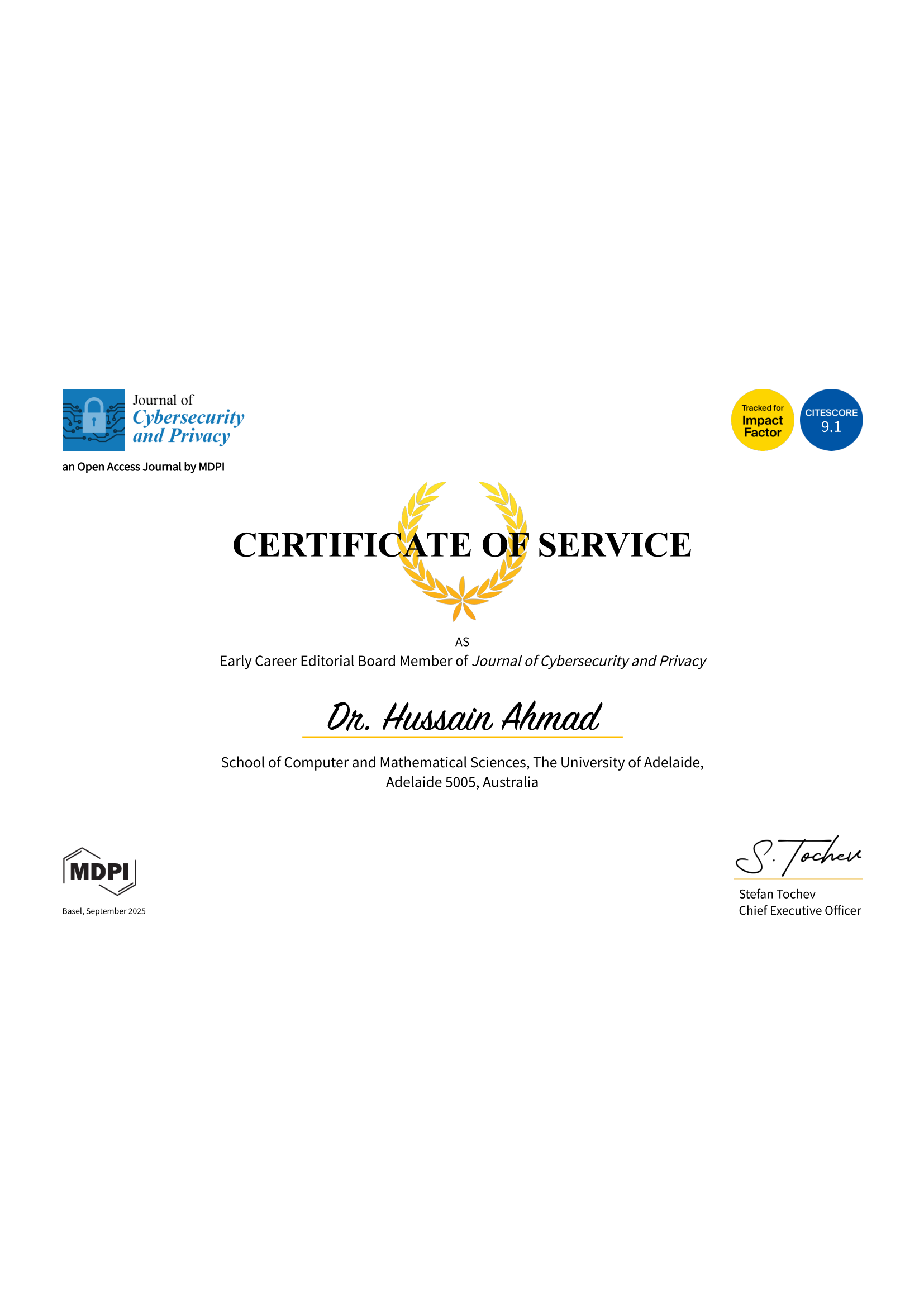 Certificate of Service - Journal of Cybersecurity and Privacy