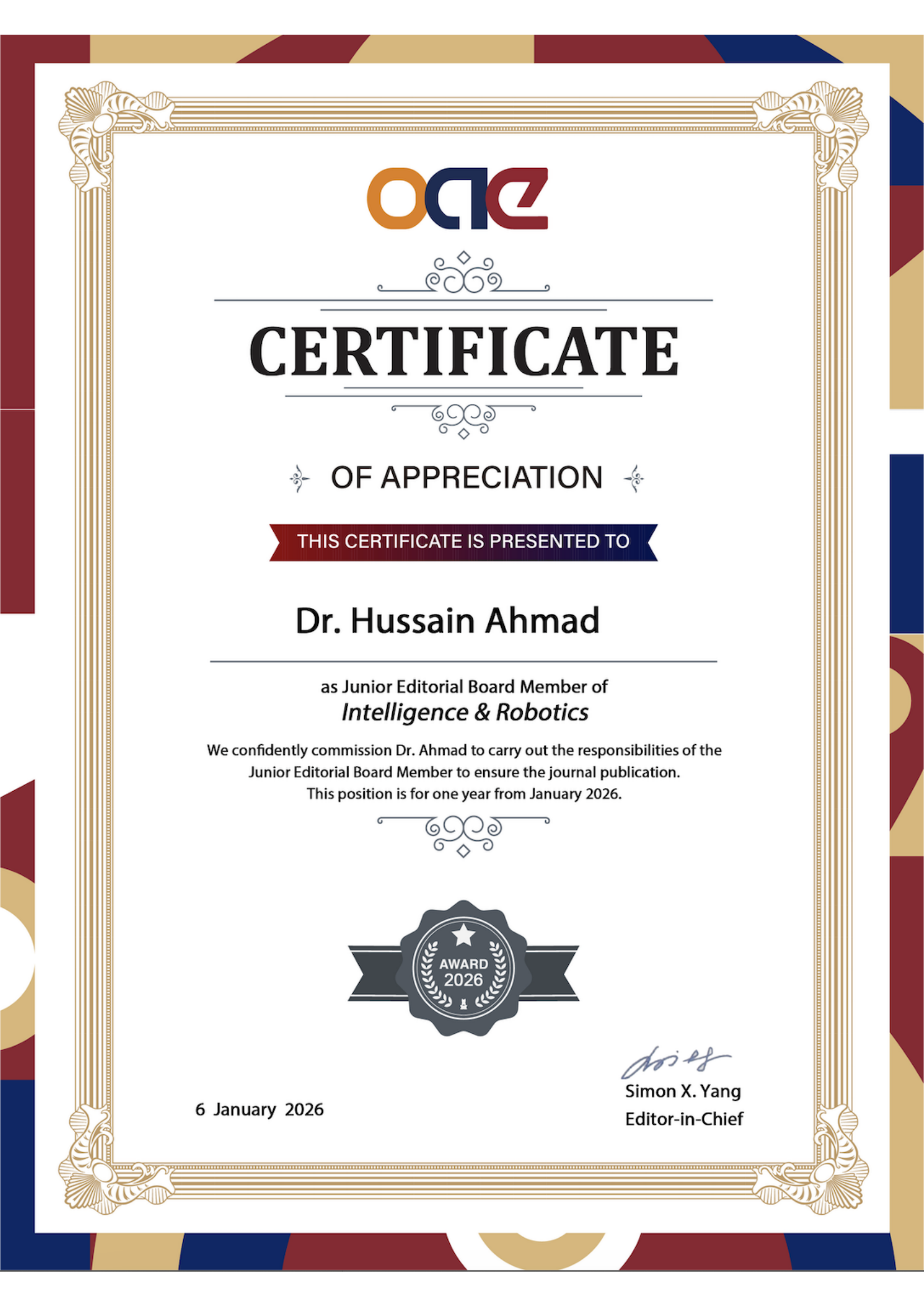 Certificate of Service - Journal of Intelligence & Robotics
